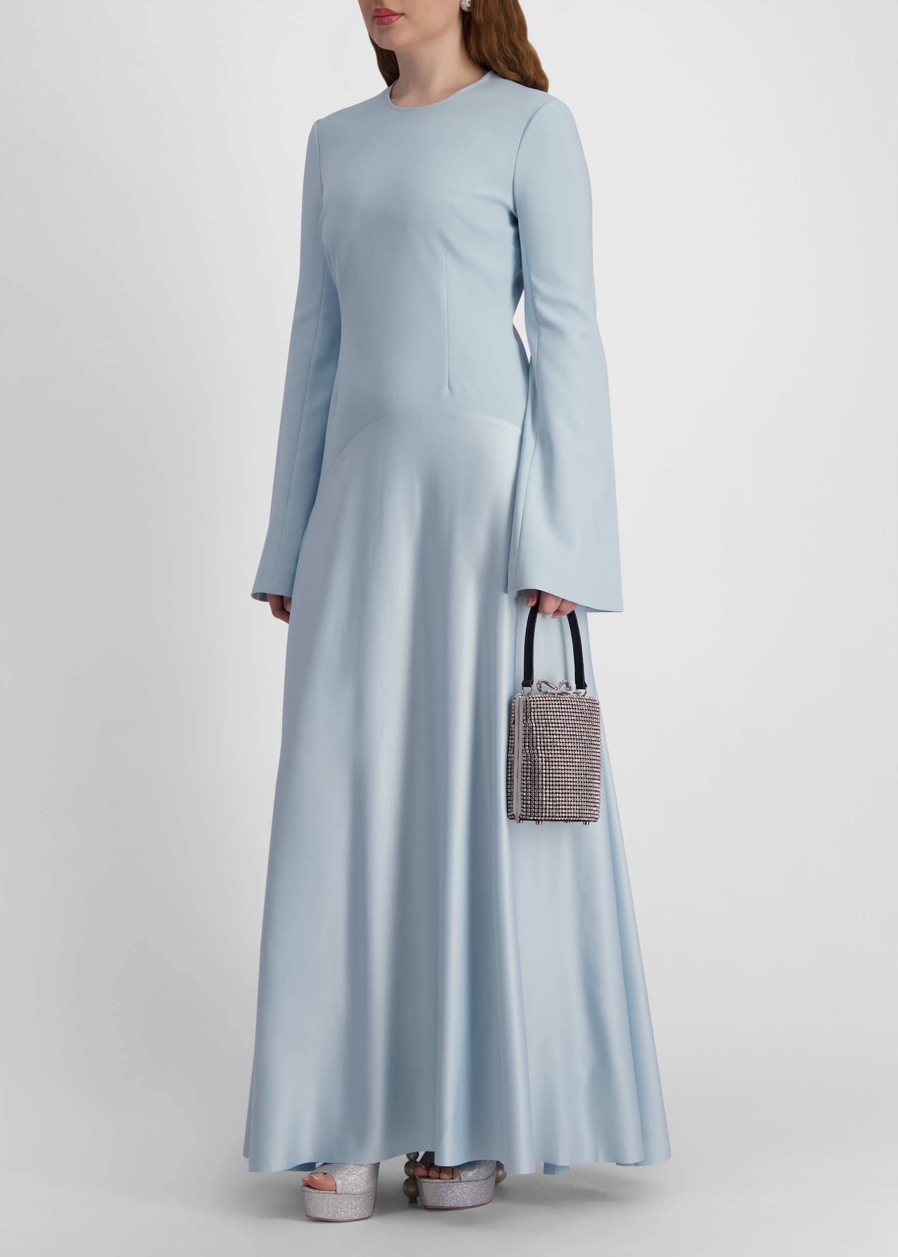 Storm blue pleated crepe and satin maxi dress