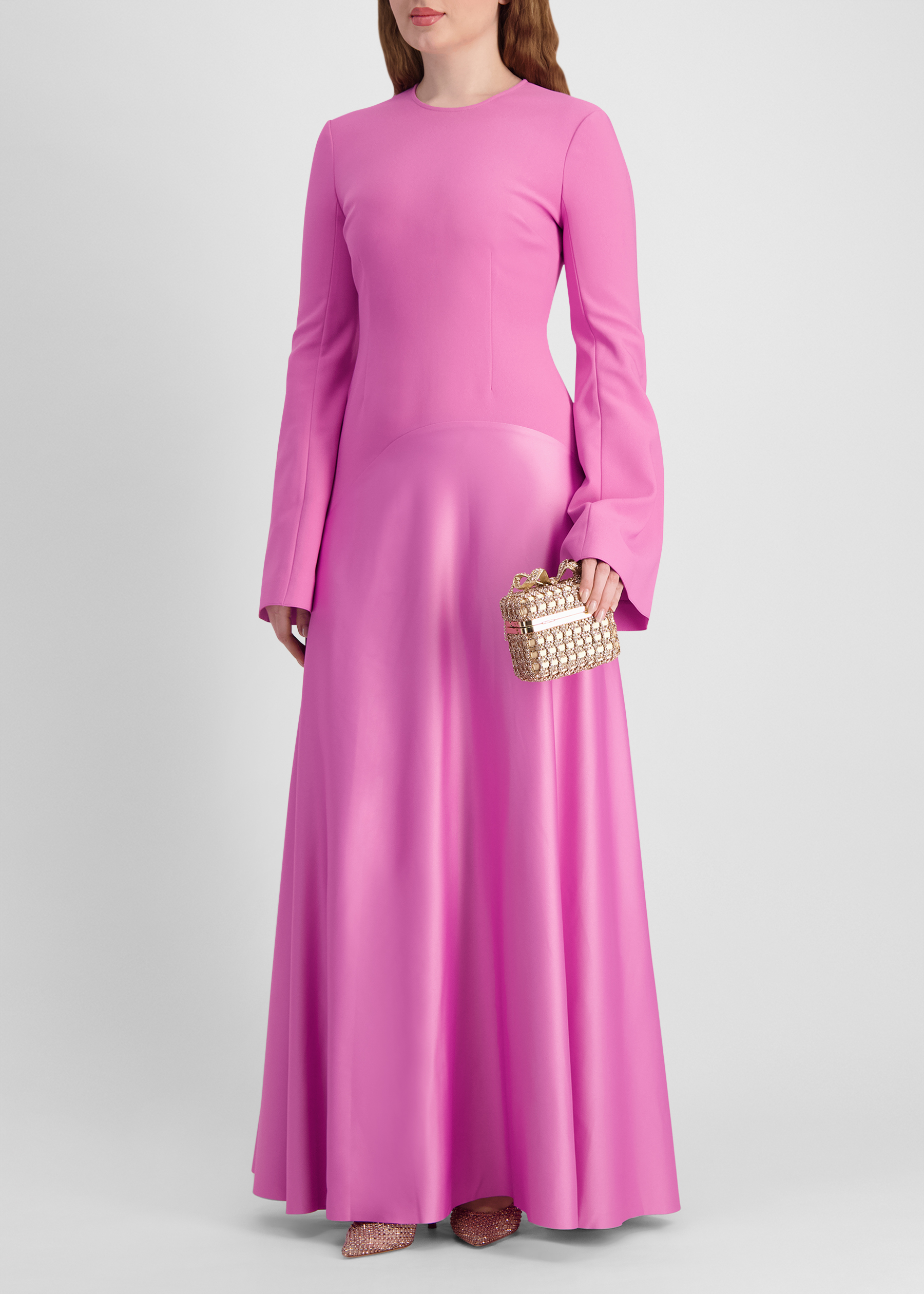 Storm pink pleated crepe and satin maxi dress
