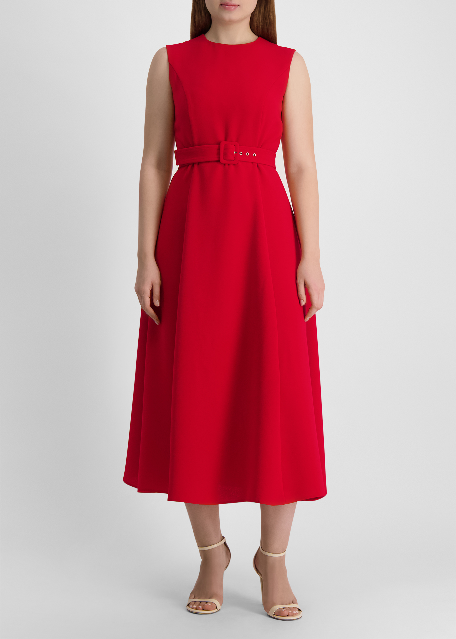 Red belted crepe midi dress