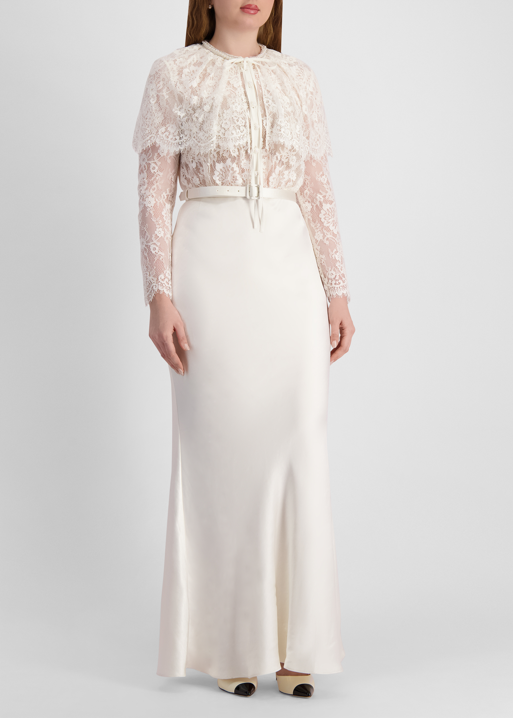 White cape-effect lace and satin maxi dress