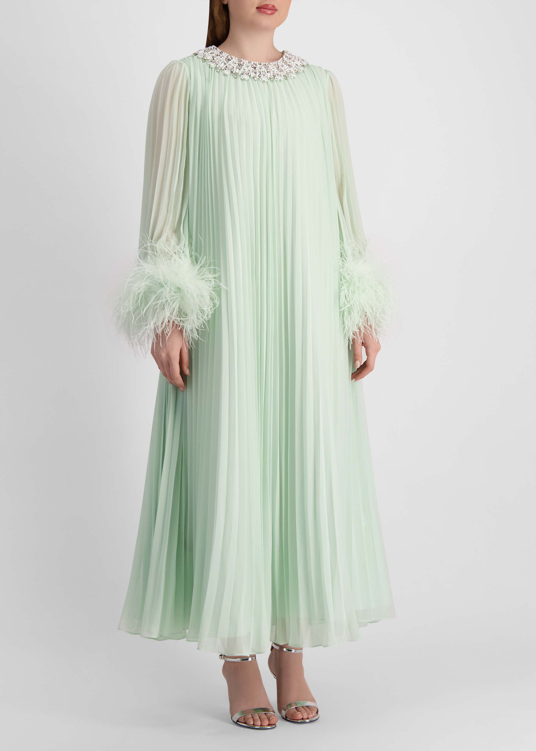 Green pleated chiffon midi dress
