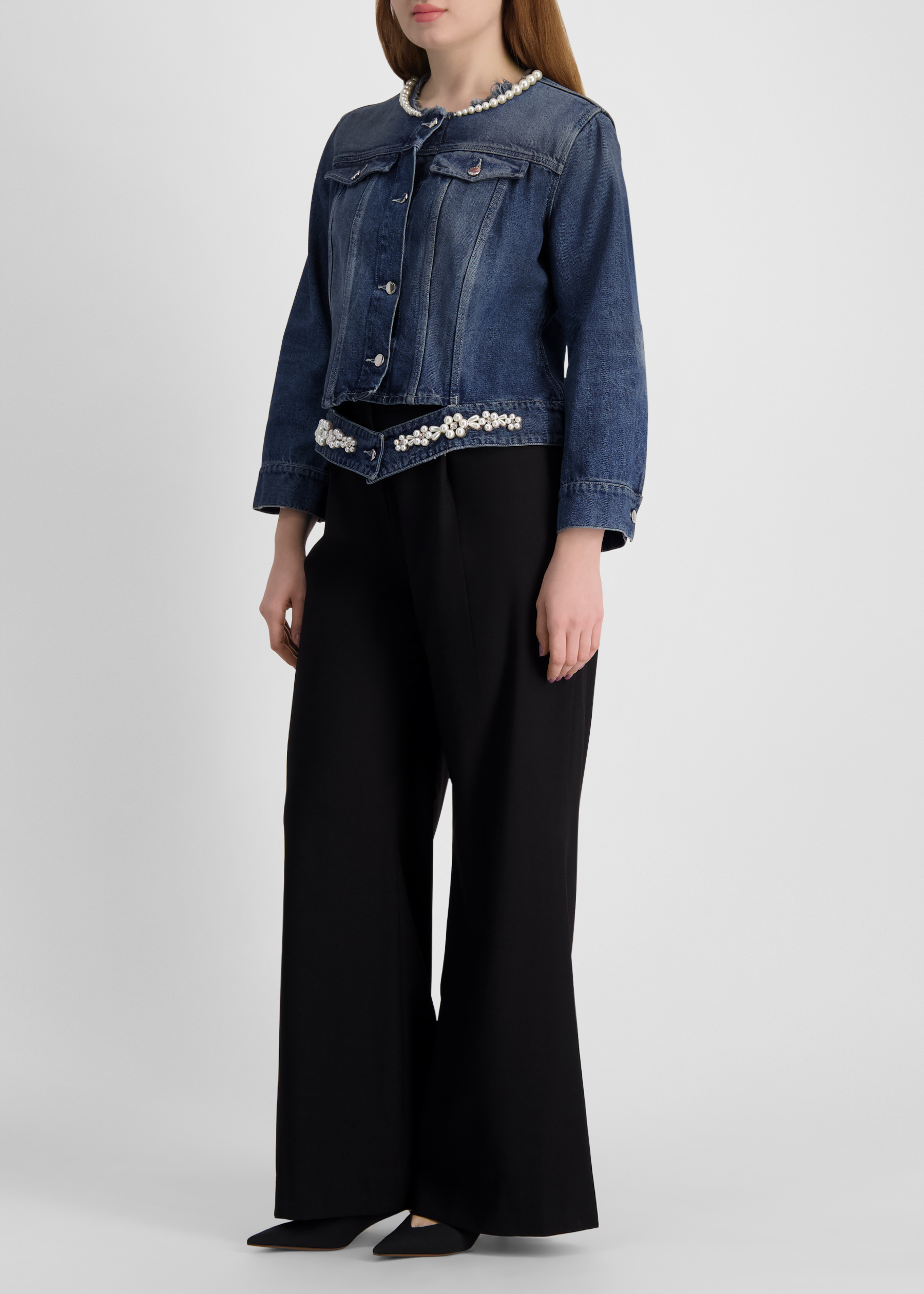 Pearl-embellished denim jacket