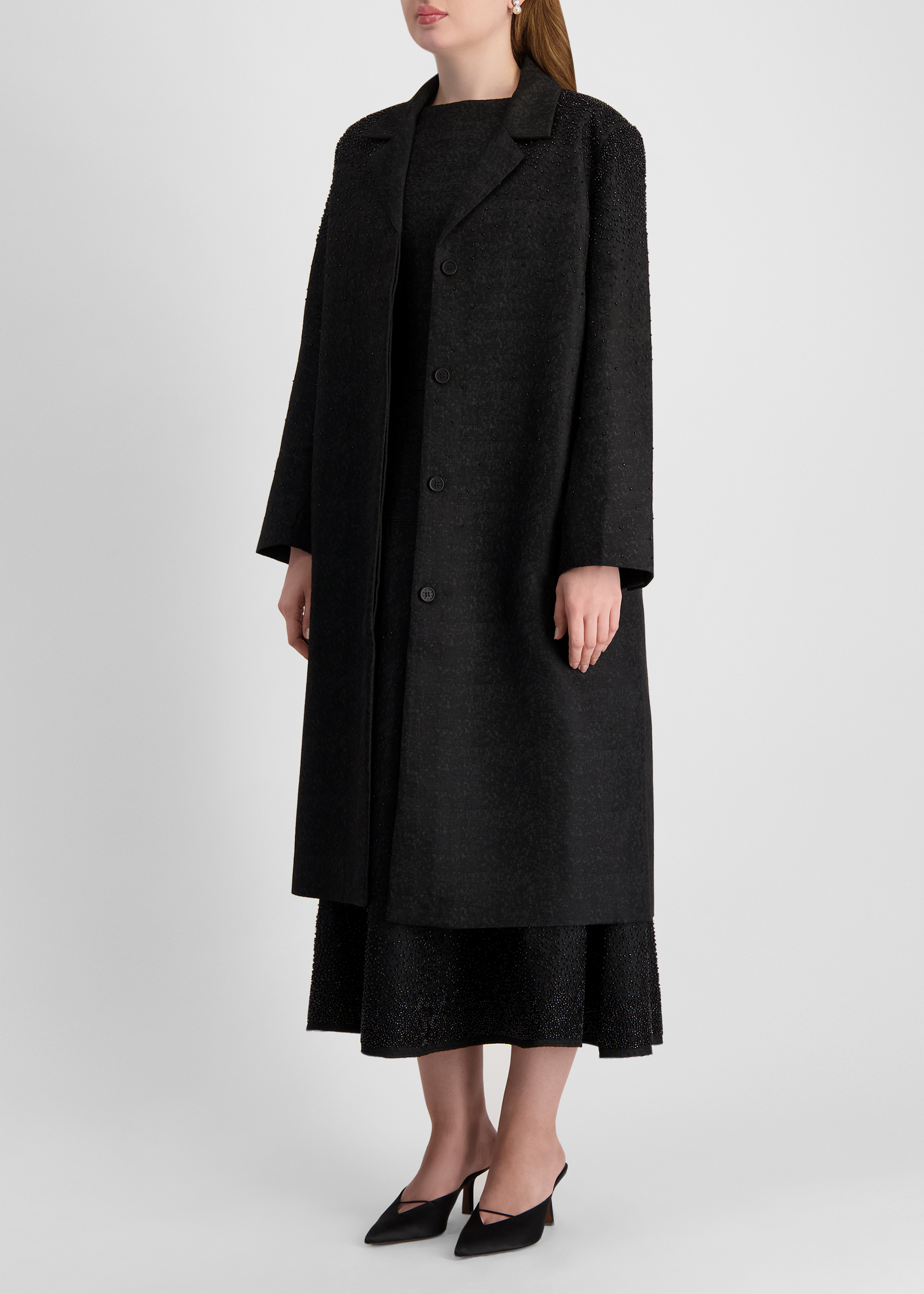 Black bead-embellished jacquard coat