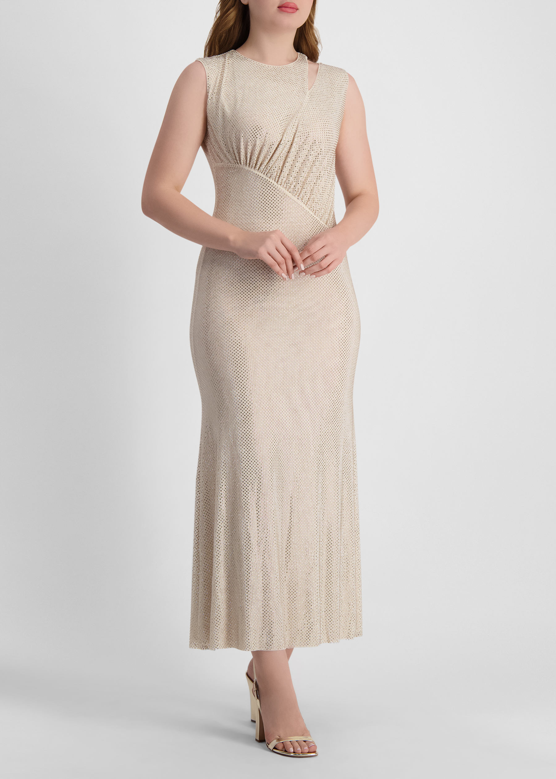Beige rhinestone-embellished mesh midi dress