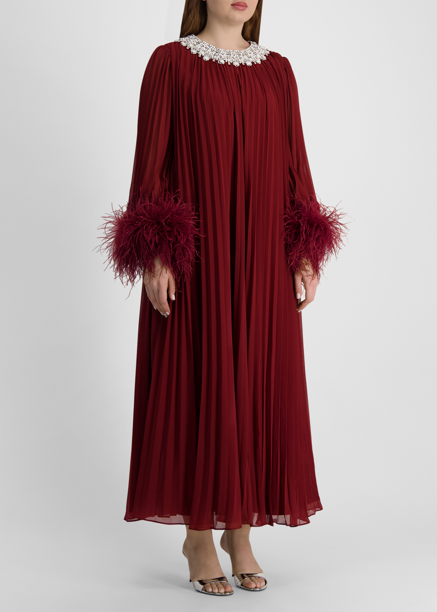 Burgundy pleated chiffon midi dress