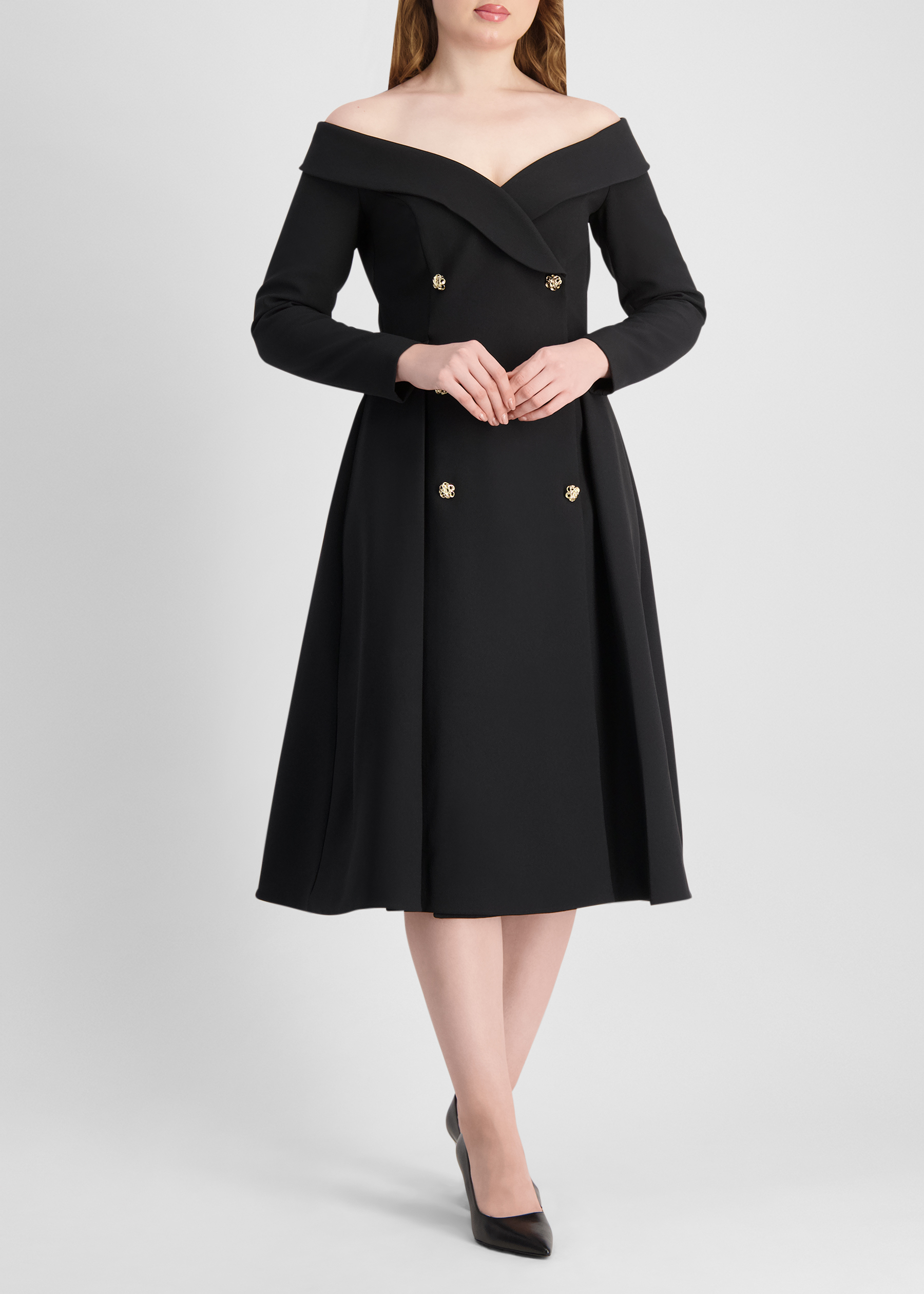 Black off-the-shoulder midi dress