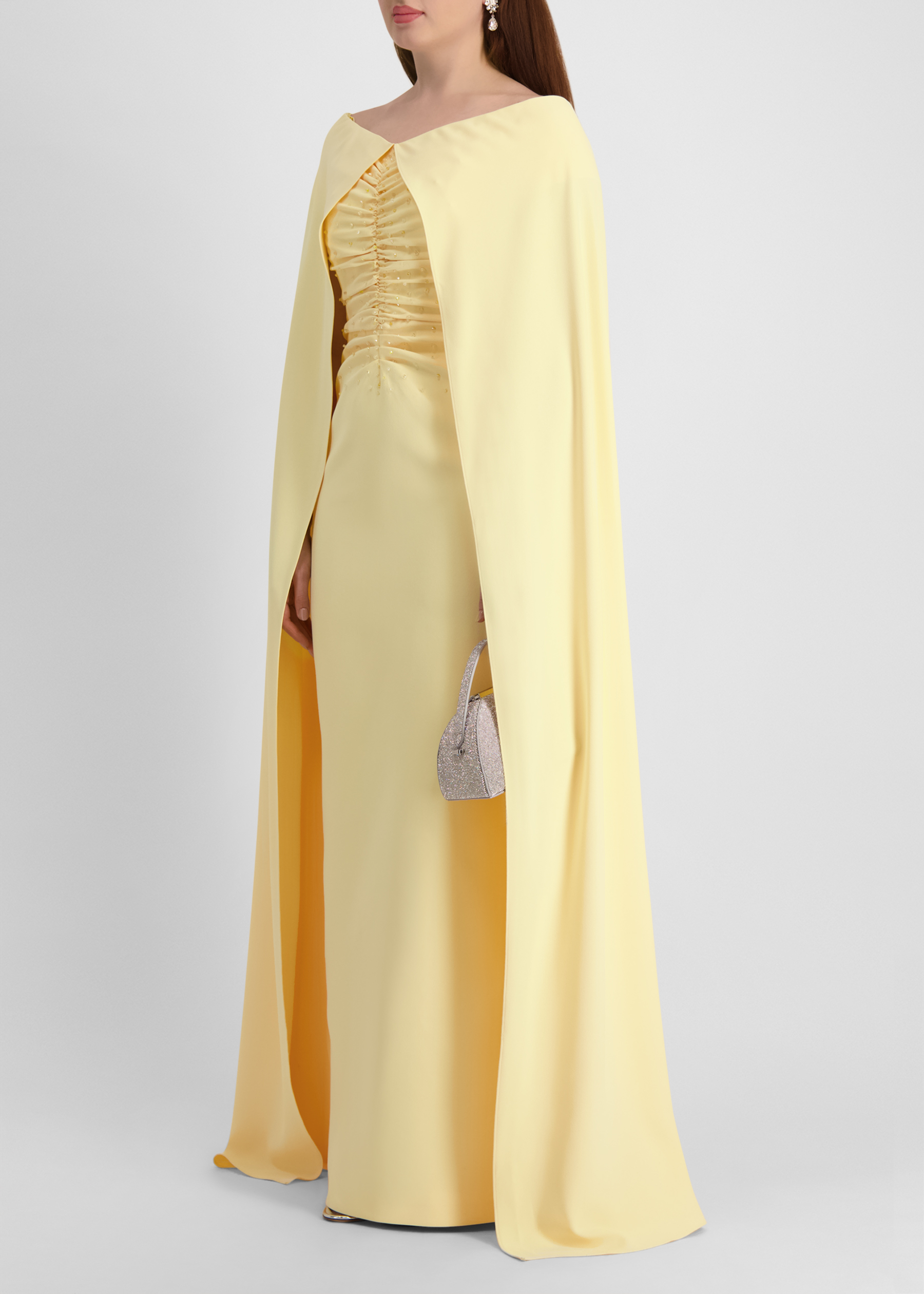 Cipria yellow cape-effect chiffon and crepe maxi dress