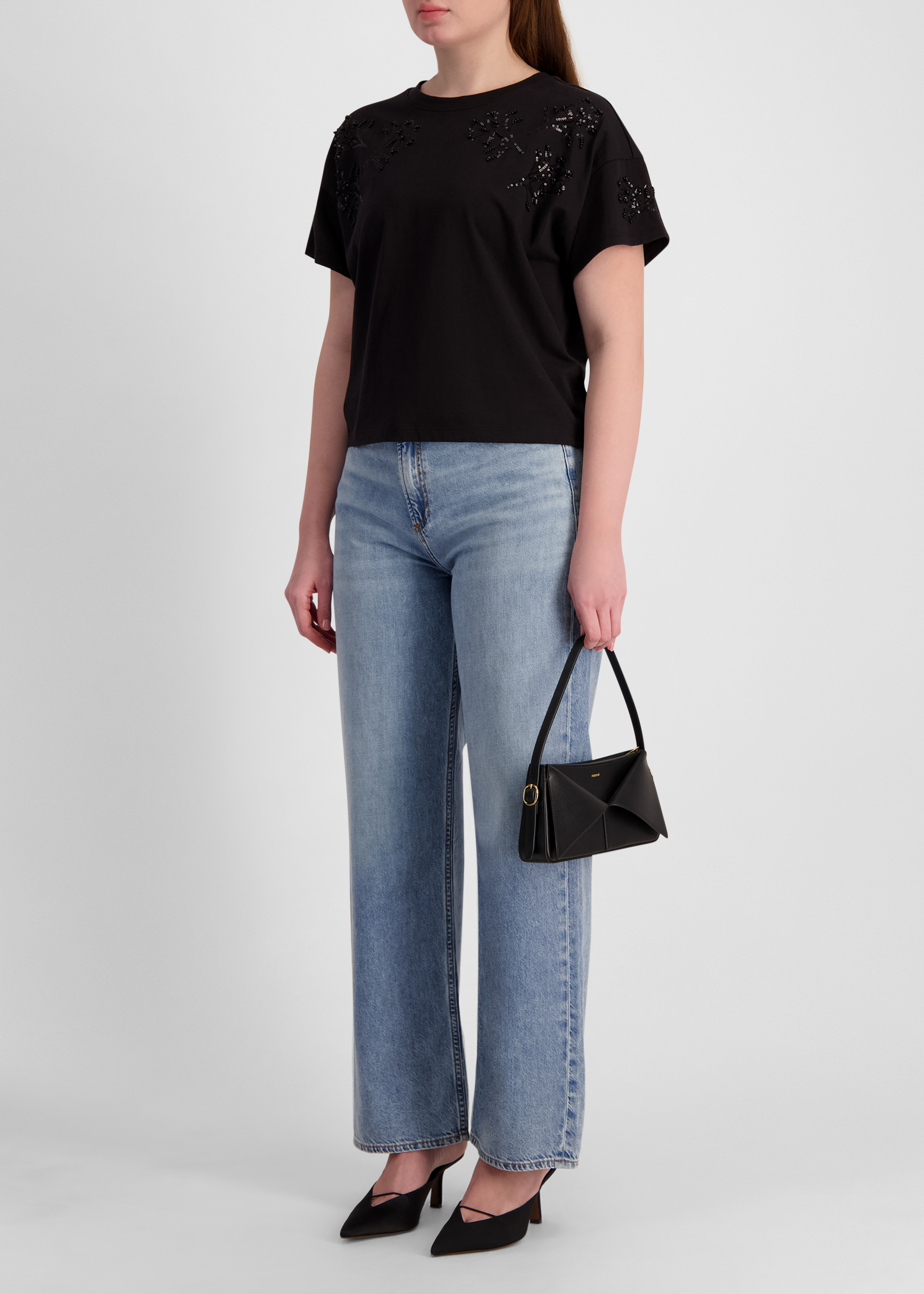 Kelly black bead-embellished cotton T-shirt