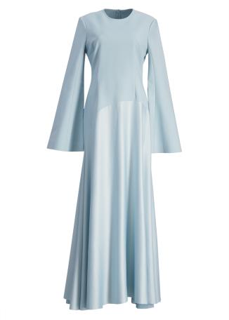 Storm blue pleated crepe and satin maxi dress