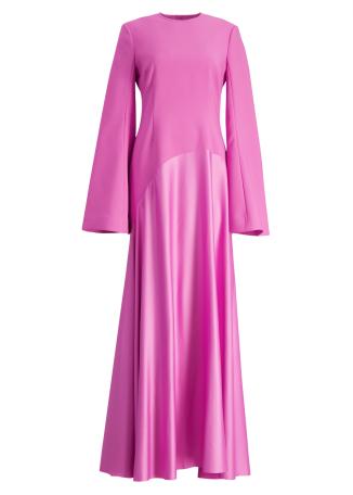 Storm pink pleated crepe and satin maxi dress