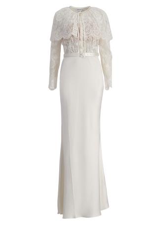 White cape-effect lace and satin maxi dress