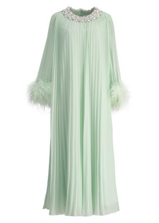 Green pleated chiffon midi dress