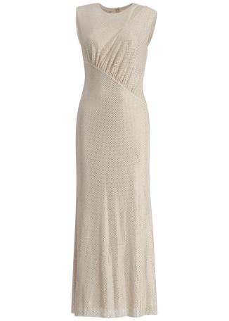 Beige rhinestone-embellished mesh midi dress