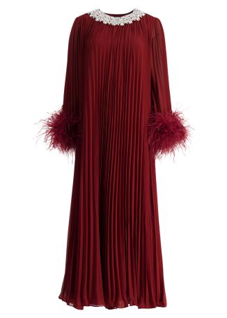 Burgundy pleated chiffon midi dress
