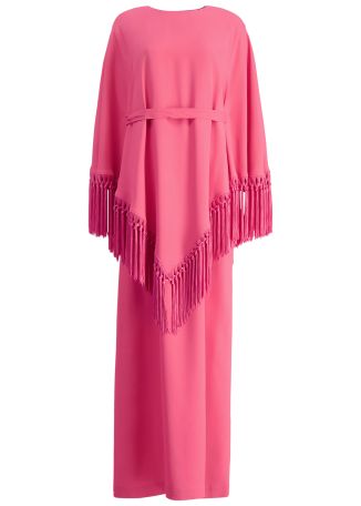 Bohemian pink fringe-trimmed crepe kaftan maxi dress
