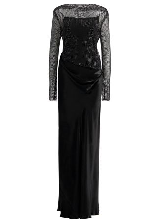 Black rhinestone-embellished mesh and satin maxi dress