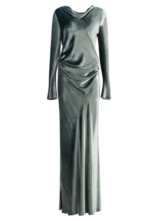 Green gathered satin maxi dress