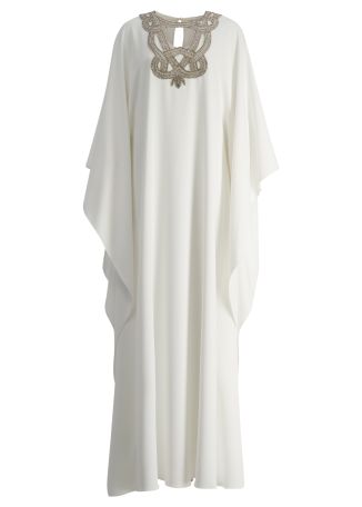 White crystal-embellished crepe kaftan