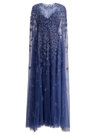Blue bead-embroidered tulle gown