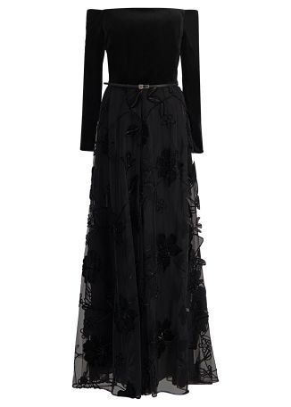 Black floral-embroidered silk-blend gown