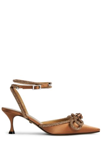 Double bow 110 crystal-embellished satin pumps