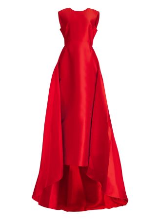 Larsen red draped satin gown
