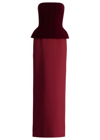 Burgundy strapless velvet and satin maxi dress