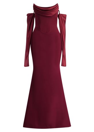 Raven burgundy off-the-shoulder crepe gown