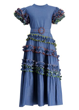 Aitana blue ruffled denim maxi dress
