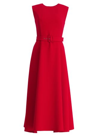 Red belted crepe midi dress