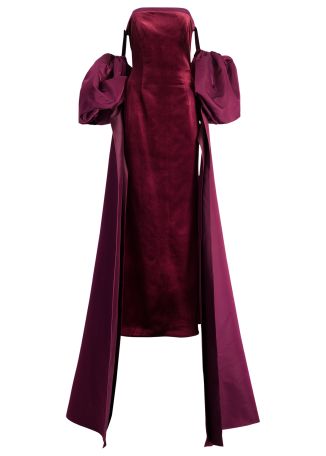 Burgundy off-the-shoulder taffeta and velvet gown