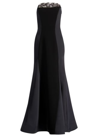 Black strapless satin and crepe gown