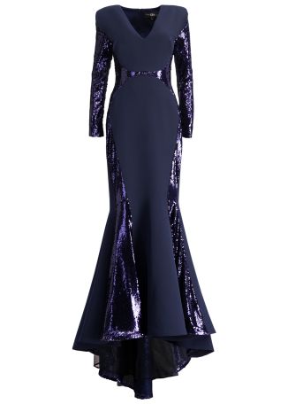 Blue sequin-embellished cady gown