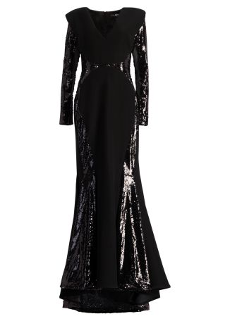 Black sequin-embellished cady gown