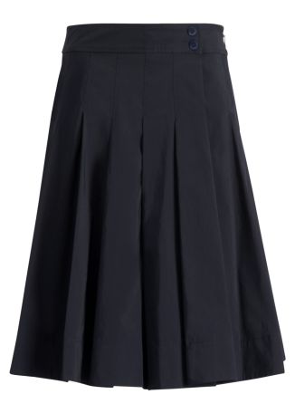 Navy pleated cotton-blend midi skirt