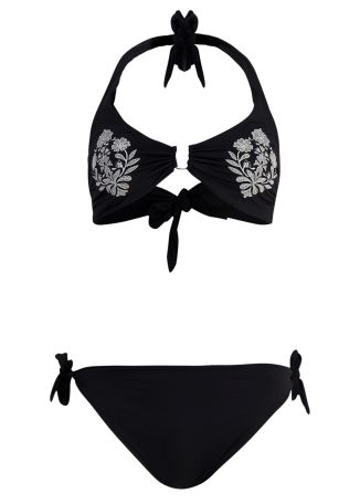 Floral-embroidered stretch-jersey bikini