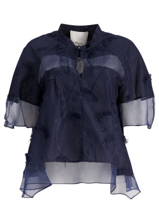 Navy floral-embroidered cotton blouse