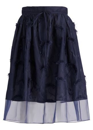 Navy floral-embroidered cotton midi skirt