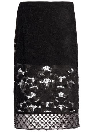 Black floral-lace organza midi skirt