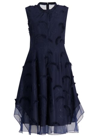 Navy floral-embroidered cotton midi dress