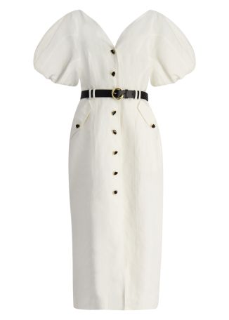 Skye utility ivory belted linen-blend midi dress