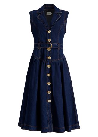 Elena blue belted denim midi dress