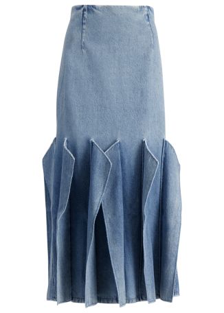 Blue panelled denim midi skirt