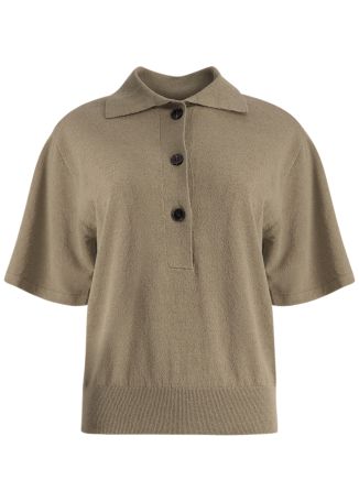 Taupe knitted linen-blend polo shirt