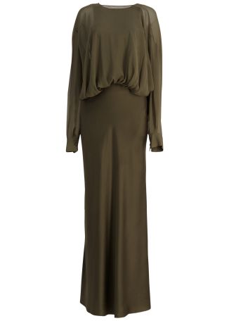 Green cumulus draped silk maxi dress