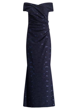 Navy off-the-shoulder lurex-jersey gown