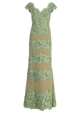 Green lace-embroidered silk-blend gown