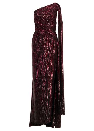 Burgundy sequin-embellished silk-blend gown