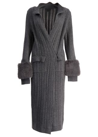 Grey fur-trimmed wool-blend cardigan