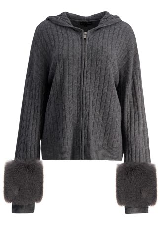 Grey fur-trimmed wool-blend cardigan